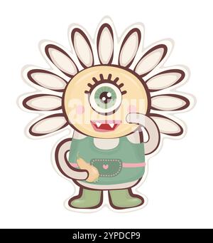 Cute one eyed daisy groovy monster sticker, vector chamomile character, hippy and trippy avatar, trendy funky illustration Stock Vector