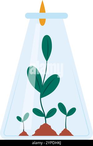 Plants growing inside a laboratory flask during an experiment with chemical drops falling from above, representing scientific research and discovery Stock Vector