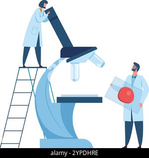 Two scientists in white coats are conducting research, one adjusting a large microscope while standing on a ladder and the other holding a glass slide with a sample Stock Vector