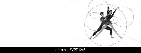 Banner. Cotemporary art collage. Two ballet dancers create synchronized pose within geometric framework, symbolizing balance and partnership in motion Stock Photo