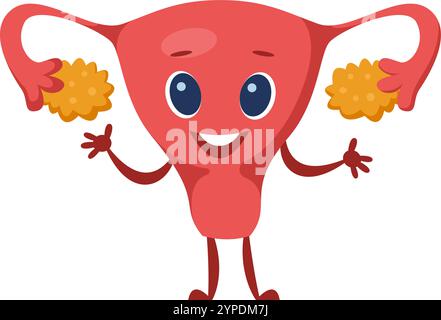 Cartoon illustration of a smiling uterus character holding ovaries, representing the female reproductive system in a friendly and educational way Stock Vector