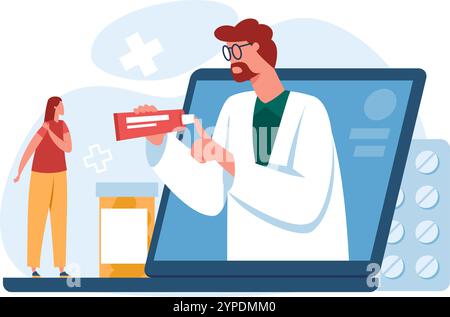 Doctor explaining medicine dosage to patient during a telemedicine appointment, promoting healthcare accessibility and remote medical assistance Stock Vector