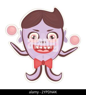 Juggle monster, purple character of evil genius, vector groovy sticker, hippy and trippy avatar, trendy funky illustration Stock Vector