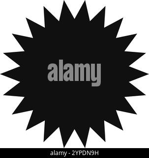 Simple black starburst shape features numerous sharp points radiating outward from a central point, creating a dynamic and eye catching design element Stock Vector