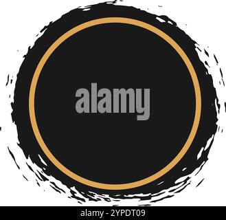 Black circle with gold border surrounded by dynamic, textured brushstrokes, creating a bold and artistic design element on a clean white background Stock Vector