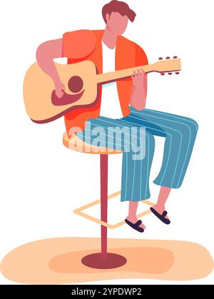 Young musician concentrated playing acoustic guitar sitting on a stool, performing live music in a relaxed and inspiring atmosphere Stock Vector