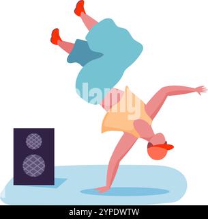 Breakdancer shows strength and skill balancing on one hand next to a speaker in a dynamic freeze. Reflecting hip hop culture, this vibrant illustration captures urban dance style Stock Vector