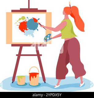 Female artist is expressing her creativity by painting on a canvas using a brush and palette, with buckets of paint nearby, showcasing the process of artistic creation Stock Vector
