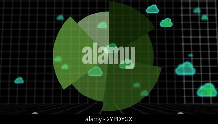 Green radar image with cloud icons over grid background Stock Photo