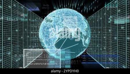 Image of globe with data charts and coding, representing global data processing Stock Photo
