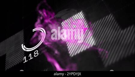 Abstract purple particles and circular progress bar image over dark background with number 142 Stock Photo