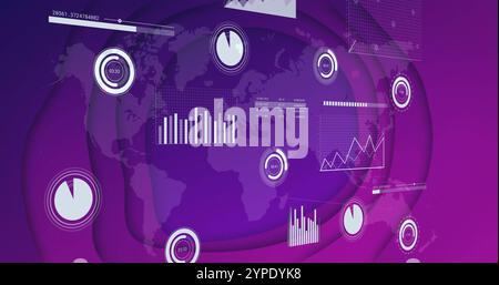 Graphs and charts image over world map in purple tones Stock Photo