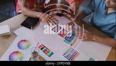 Designing color palettes over image of circular digital interface Stock Photo