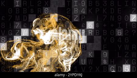 Golden fluid motion image over black background with alphanumeric characters Stock Photo