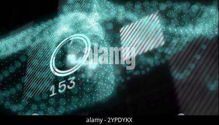 Digital data points forming abstract shape with numerical image over dark background Stock Photo