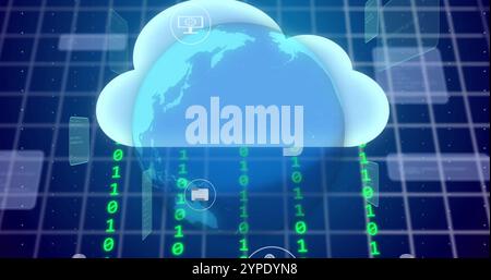 Binary code and cloud computing icons image over globe and grid background Stock Photo