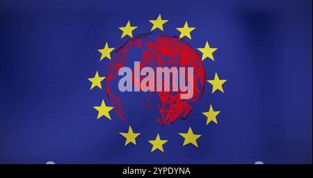 Red globe image over European Union flag with yellow stars Stock Photo