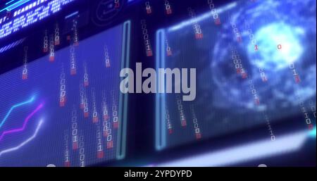 Binary code and data charts image over digital screens Stock Photo