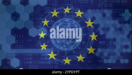 Image of, European Union stars over digital network and binary code background Stock Photo