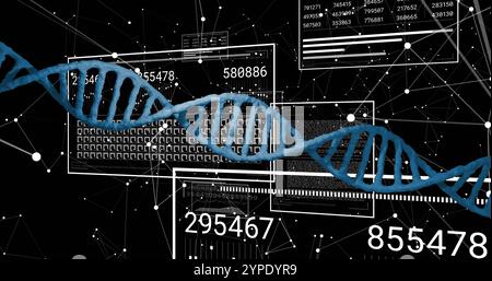 DNA strand and scientific data processing image over black background with numbers Stock Photo