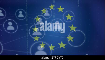 Image of, European Union stars over network of connected user icons and binary code Stock Photo