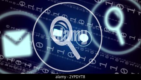 Magnifying glass and search icons image over binary code background Stock Photo