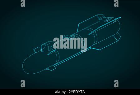 Stylized vector illustration of isometric blueprint of hellfire missile Stock Vector