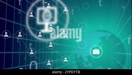 Network of connected user icons and camera symbol image over digital background Stock Photo