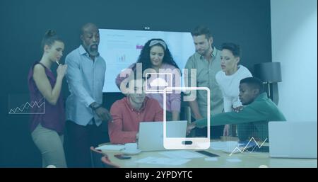 Business data charts image over diverse team collaborating in office Stock Photo