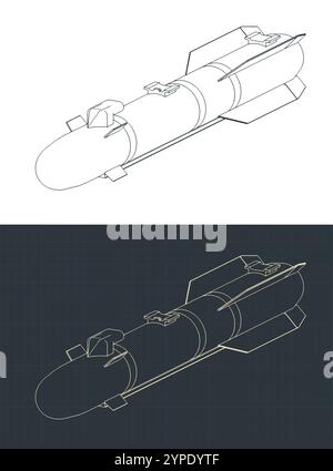 Stylized vector illustrations of isometric blueprints of hellfire missile Stock Vector