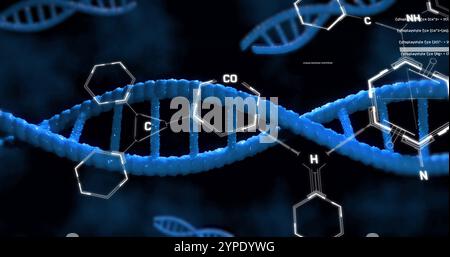 Image of chemical formula and dna strand on black background Stock Photo