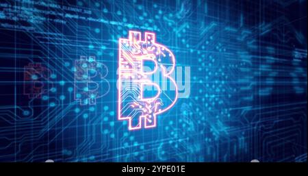 Image of data processing and bitcoin icons over connections Stock Photo