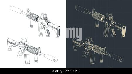 Stylized vector illustrations of the blueprints of the M4A1 automatic carbine Stock Vector