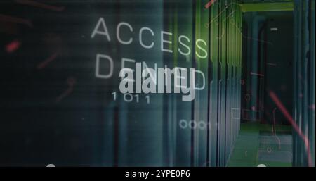 Image of access denied text over data processing and server room Stock Photo