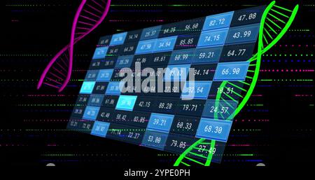 DNA strands and data processing image over digital grid with numbers Stock Photo
