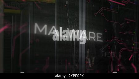 Image of malware text over data processing and server room Stock Photo