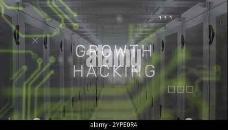 Image of growth hacking text over data processing and server room Stock Photo