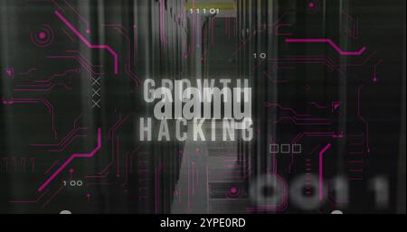 Image of growth hacking text over data processing and server room Stock Photo