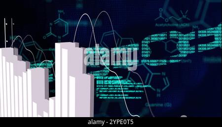 Image of chain and chemical formula over data processing and diagrams on black background Stock Photo