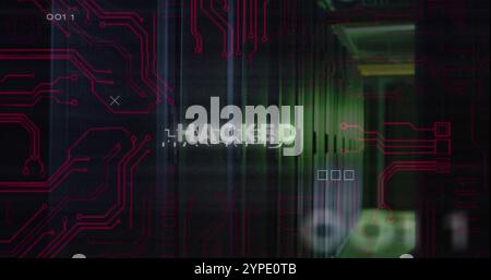 Image of hacked text over data processing and server room Stock Photo