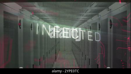 Image of infected text over data processing and server room Stock Photo