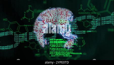 Image of globe and chain over data processing and chemical formula on black background Stock Photo