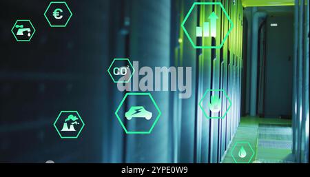 Image of eco icons and digital data processing over computer servers Stock Photo