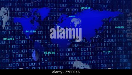 Image of world map over data processing and binary coding on black background Stock Photo
