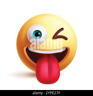 Winking emoji 3d clipart character. Wink emoji face, naughty, silly, crazy, happy, cute, funny and playful facial expression. Vector illustration wink Stock Vector