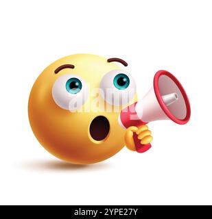 Attention emoji 3d clipart character. Emoji announcing, holding megaphone, speaking, warning, protest, concern and communicating yellow round icon Stock Vector