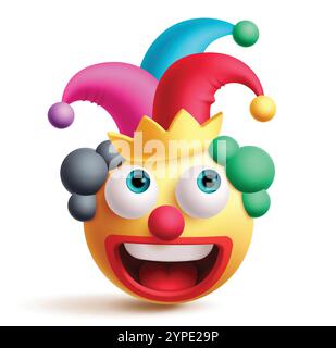 Clown emoji 3d clipart character. Emoji joker buffoon character in happy face, funny and enjoy facial expression with colorful hat and wig graphic Stock Vector