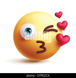In love emoji 3d clipart character. Emoji character in happy face winking, kiss, cute, smiling, obsessed and funny with heart graphic element. Vector Stock Vector