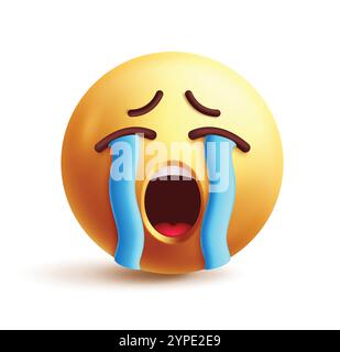 Sob emoji clipart 3d character. Crying emoji face, tear drops, open mouth, grief, sad, depressed and unhappy facial expression yellow icon graphic Stock Vector