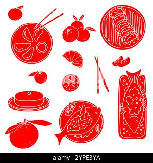 Traditional Chinese New Year Food. Fish Yu, dumplings Jau gok, Jiaozi, rice cake Niangao, mandarin oranges. Stock Vector